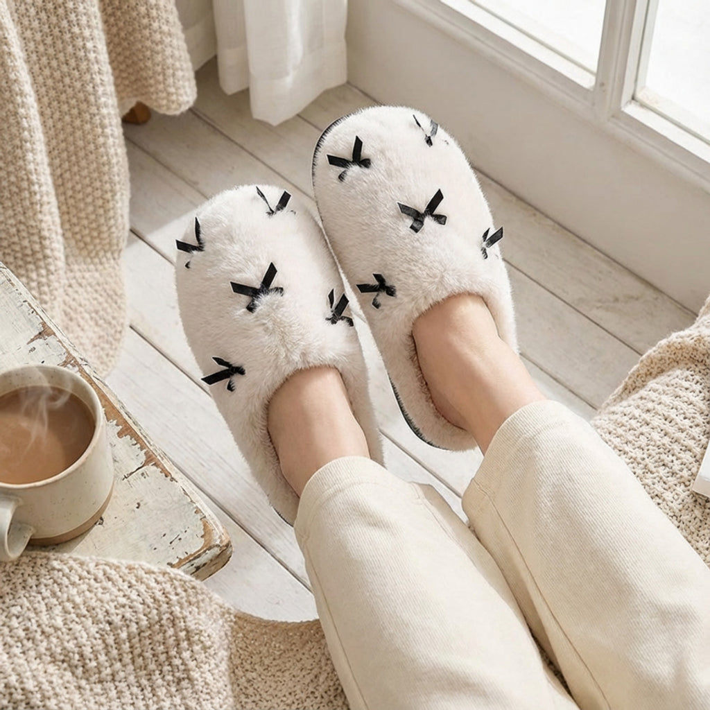 Anna-Kaci Lounge Women's Valentine Plush Closed Toe Slide House Slippers with Mini Bow Accents and Cushioned Sole