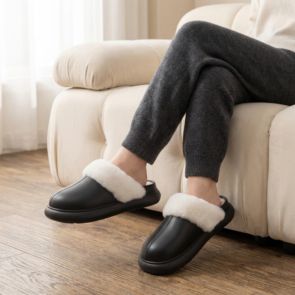 Anna-Kaci Lounge Women's Closed Toe Mule House Slippers with Smooth Upper and Plush Faux Shearling Trim