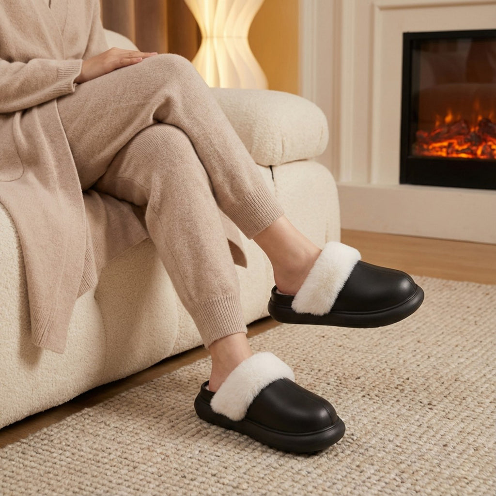 Anna-Kaci Lounge Women's Closed Toe Mule House Slippers with Smooth Upper and Plush Faux Shearling Trim