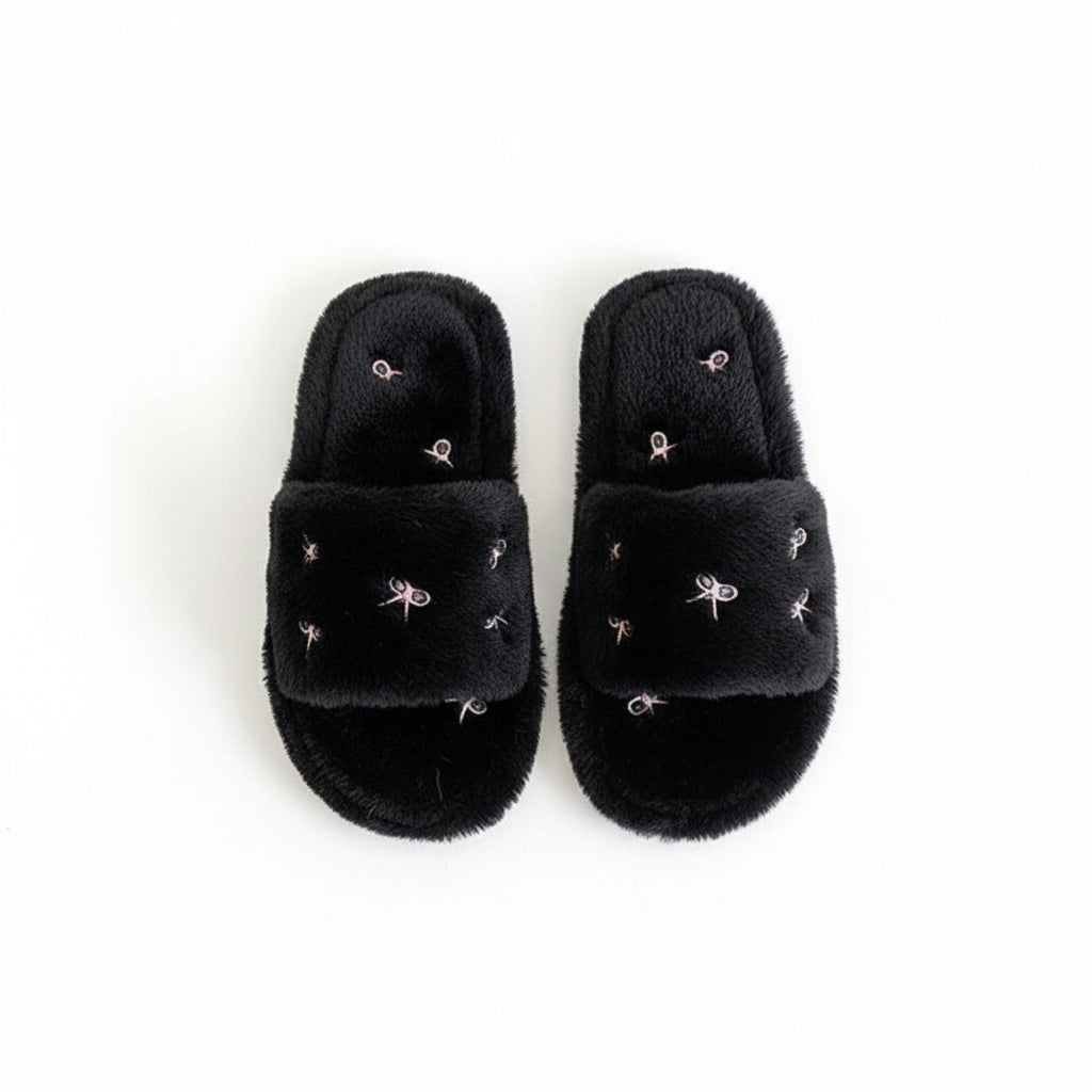 Anna-Kaci Lounge Women's Valentine Plush Slide House Slippers with Embroidered Bow Detail and Soft Cushioned Footbed