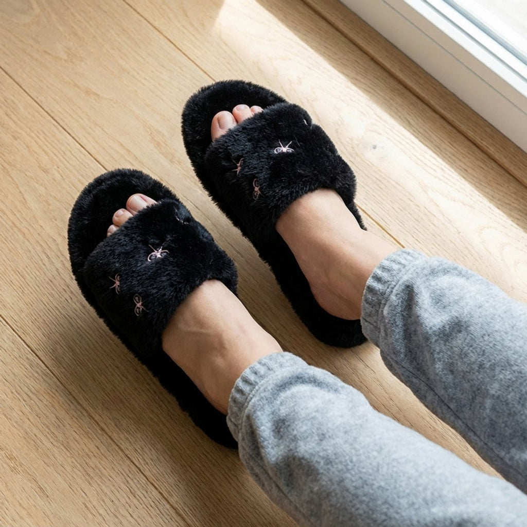 Anna-Kaci Lounge Women's Valentine Plush Slide House Slippers with Embroidered Bow Detail and Soft Cushioned Footbed