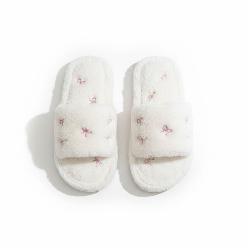 Anna-Kaci Lounge Women's Valentine Plush Slide House Slippers with Embroidered Bow Detail and Soft Cushioned Footbed