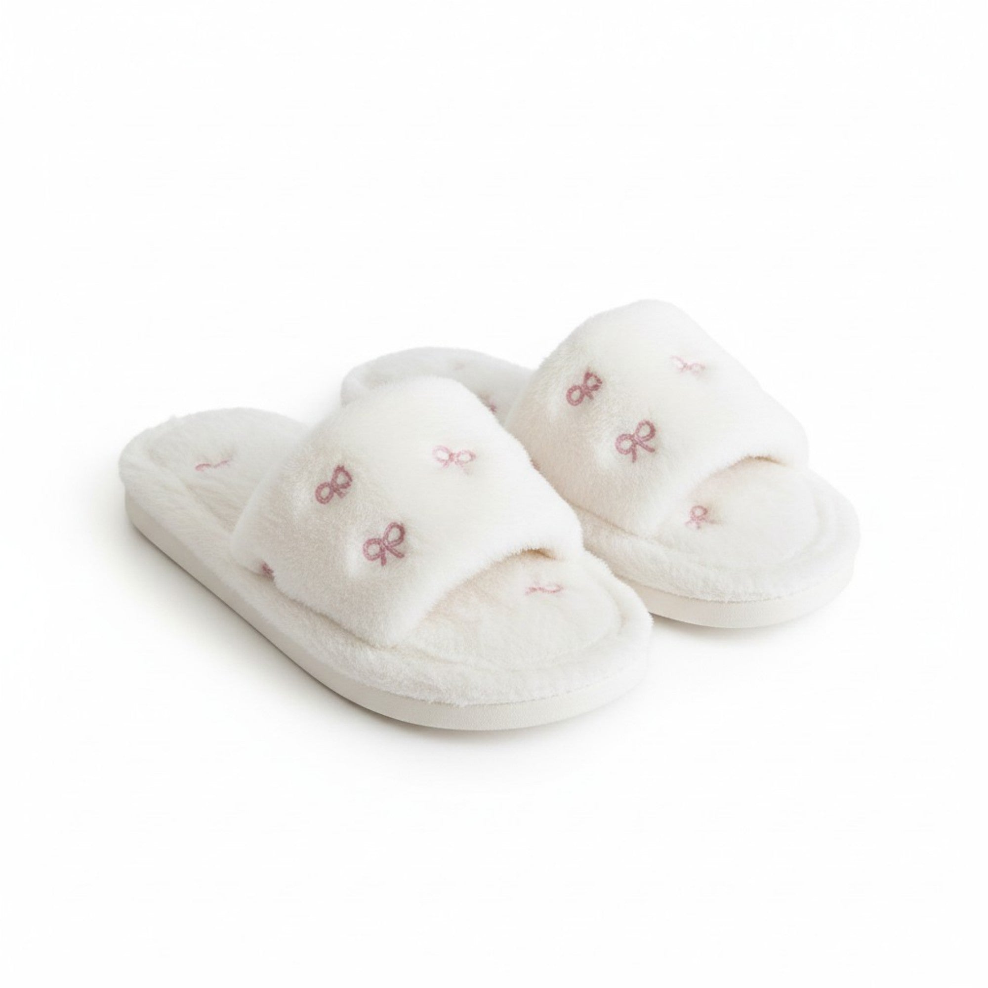 Anna-Kaci Lounge Women's Valentine Plush Slide House Slippers with Embroidered Bow Detail and Soft Cushioned Footbed