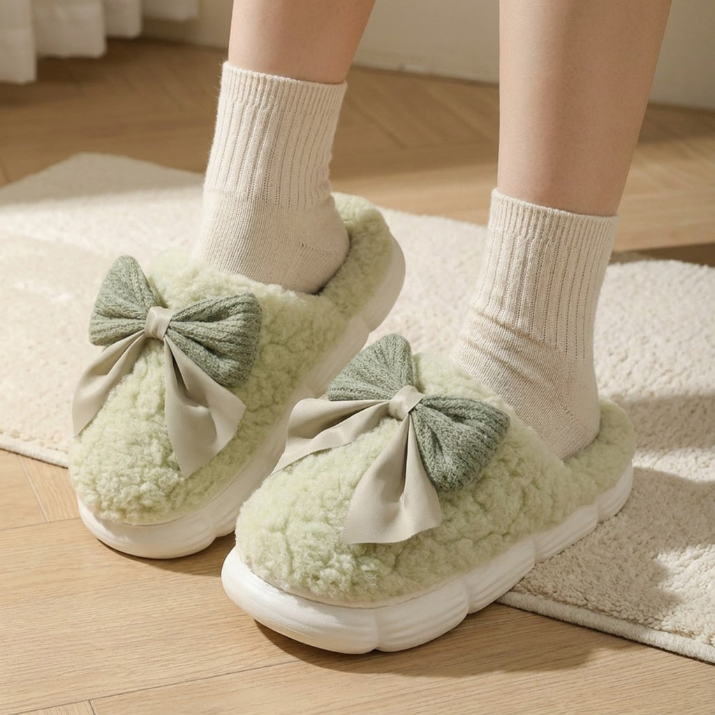 Anna-Kaci Lounge Women's Plush Mule House Slippers with Valentine Oversized Bow Accent and Soft Cushioned Footbed