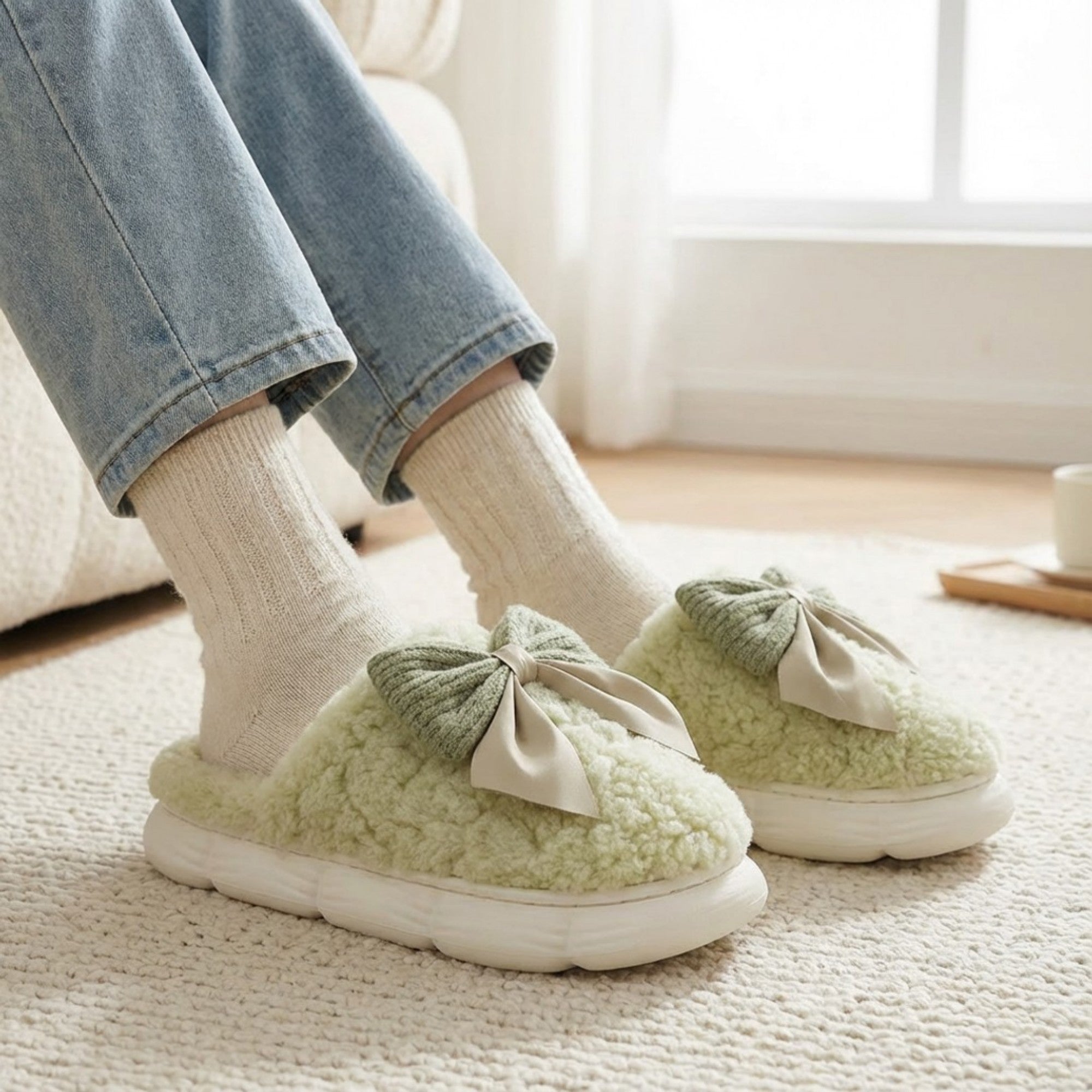 Anna-Kaci Lounge Women's Plush Mule House Slippers with Valentine Oversized Bow Accent and Soft Cushioned Footbed