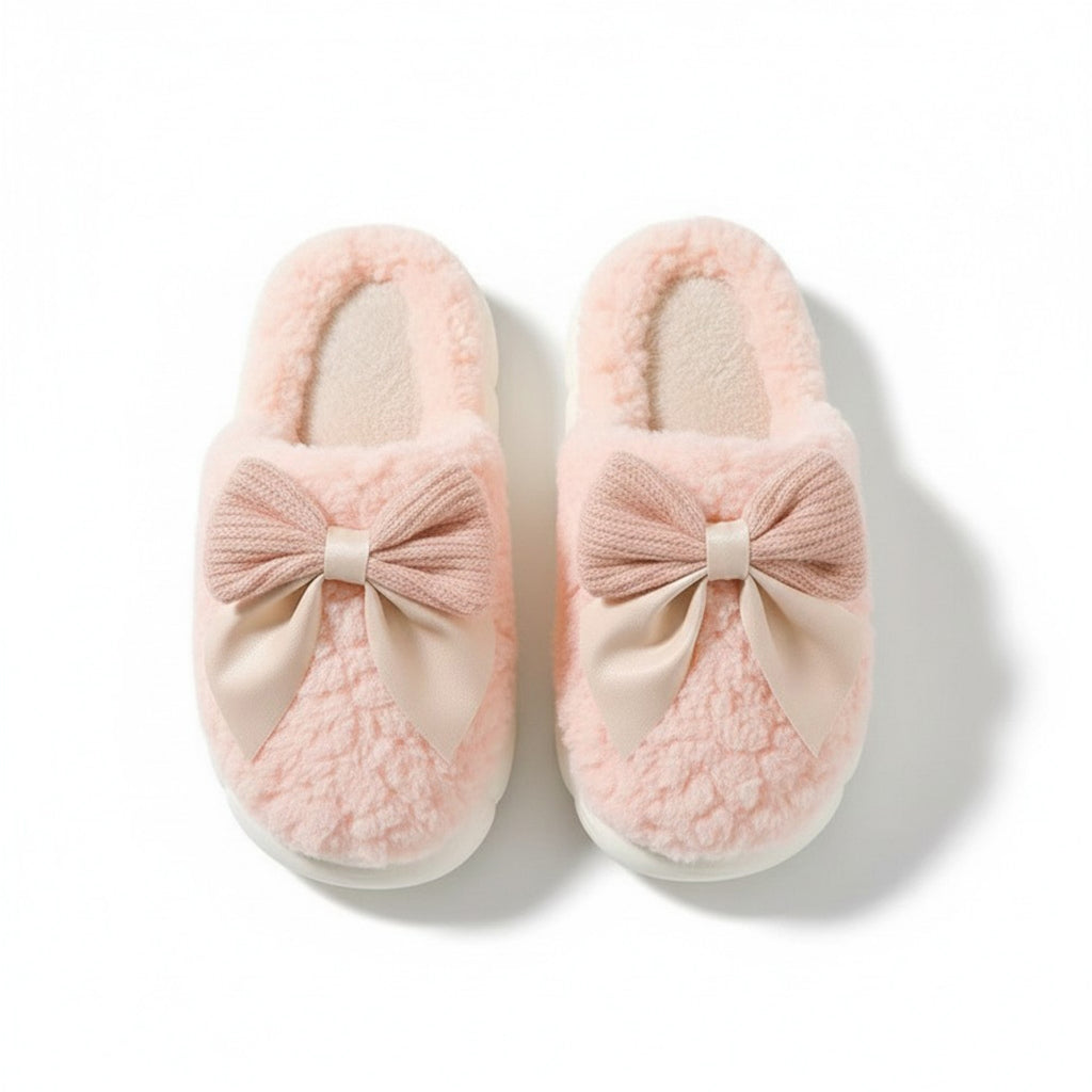 Anna-Kaci Lounge Women's Plush Mule House Slippers with Valentine Oversized Bow Accent and Soft Cushioned Footbed