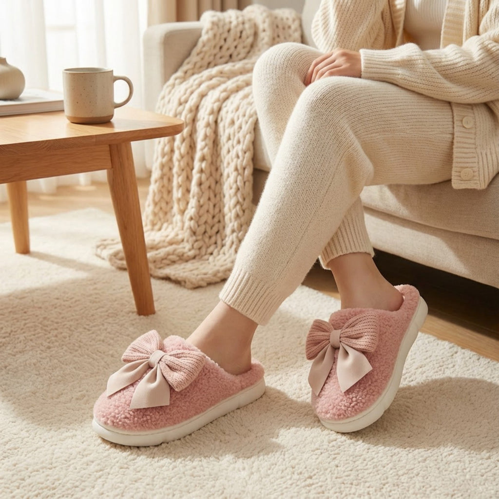 Anna-Kaci Lounge Women's Plush Mule House Slippers with Valentine Oversized Bow Accent and Soft Cushioned Footbed