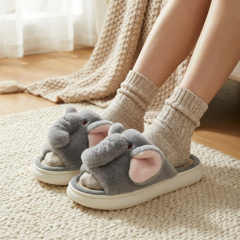 Anna-Kaci Lounge Women's Plush Animal Slide House Slippers with Elephant Design and Soft Cushioned Footbed