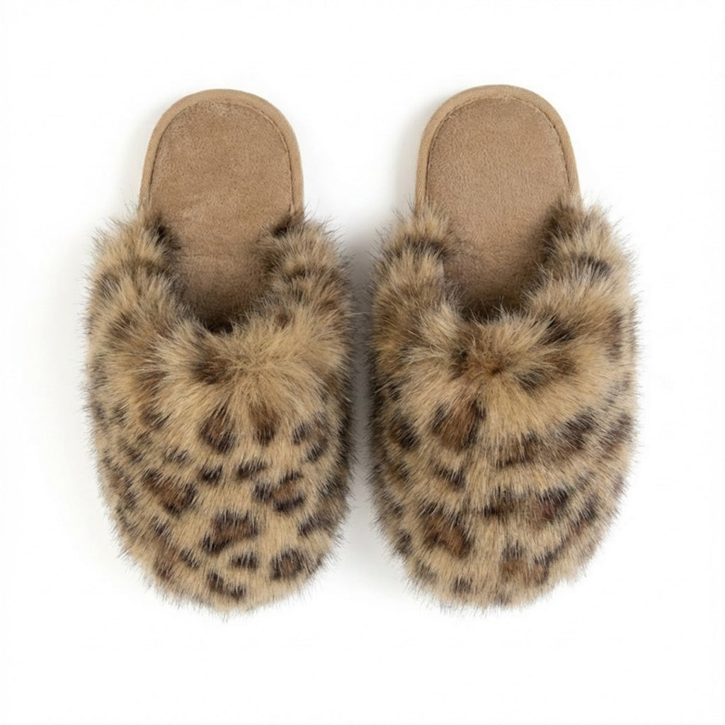 Anna-Kaci Lounge Women's Plush Leopard Print Faux Fur Mule Slippers with Cushioned Footbed