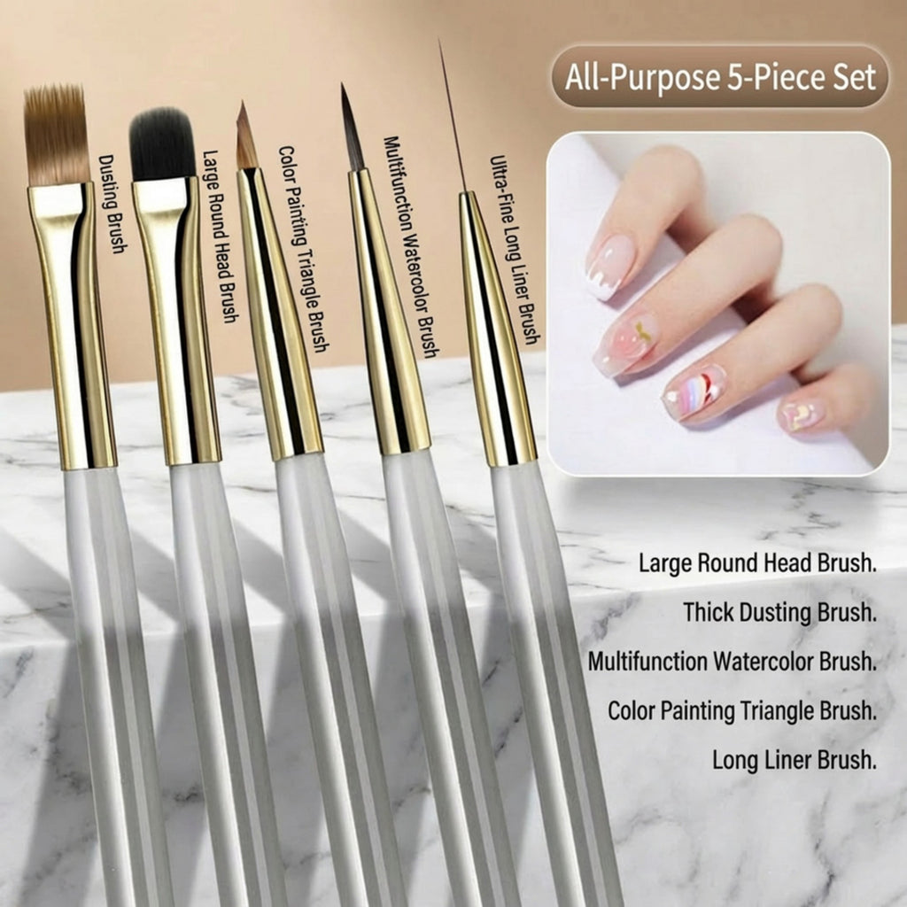 Anna-Kaci 5-Piece Nail Art Brush Set with Flat Gel Brush Angled Detail Brush Fine Liner and Precision Needle Tool