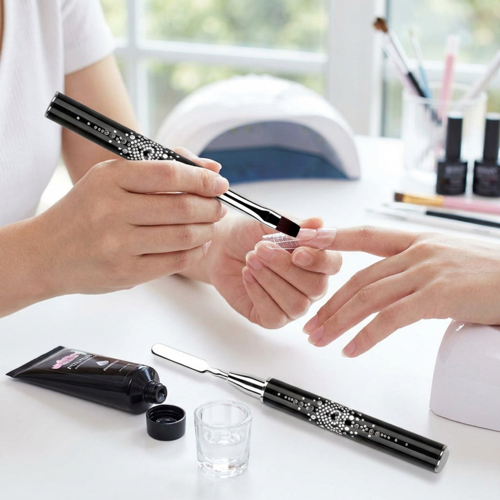 Anna-Kaci Dual-Ended Rhinestone Nail Art Brush Set with Flat Gel Brush Precision Liner and Spatula Tool