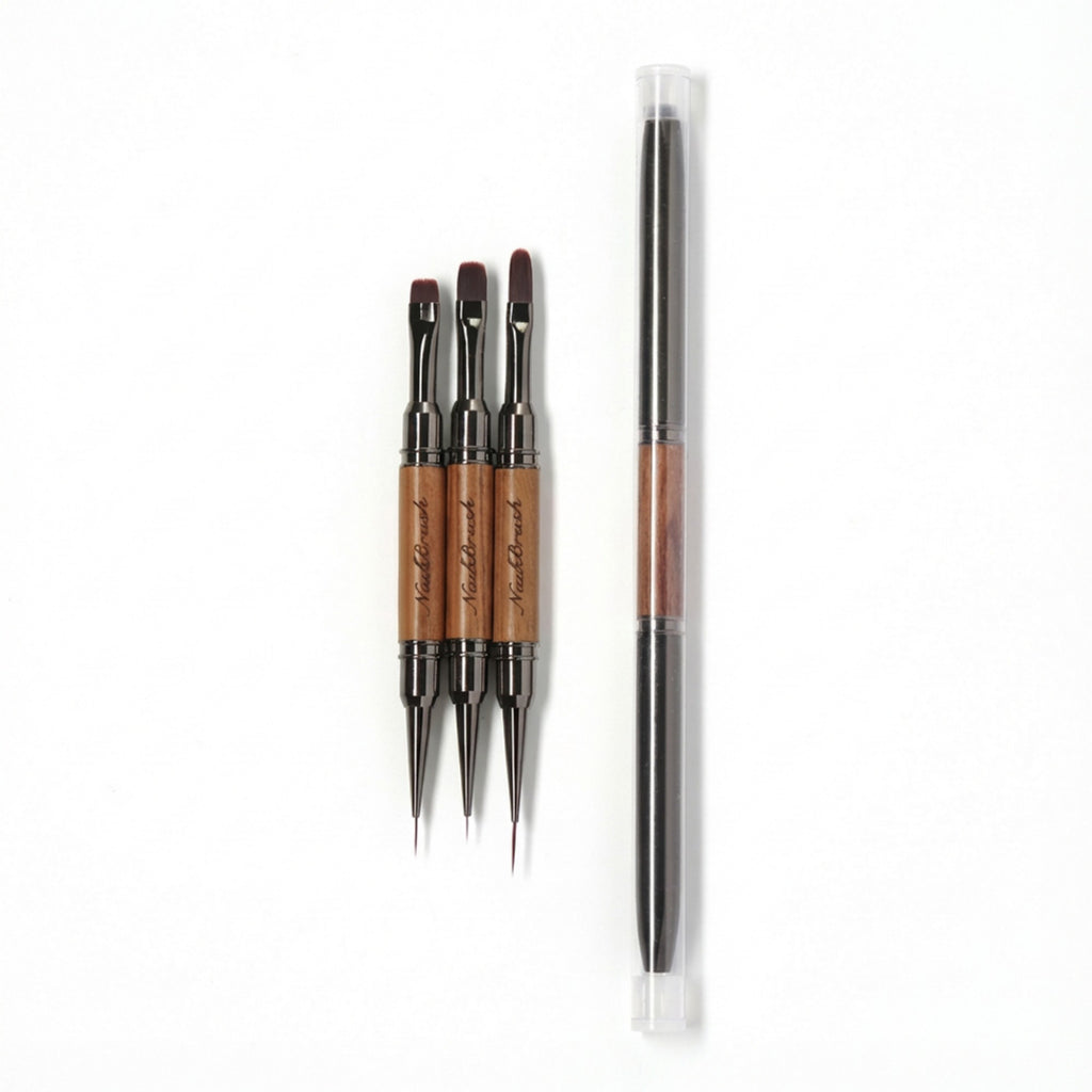 Anna-Kaci 3-Piece Double-Ended Nail Art Brush Set with Wood Handles and Fine Detail Tips for Gel Acrylic and Nail Design