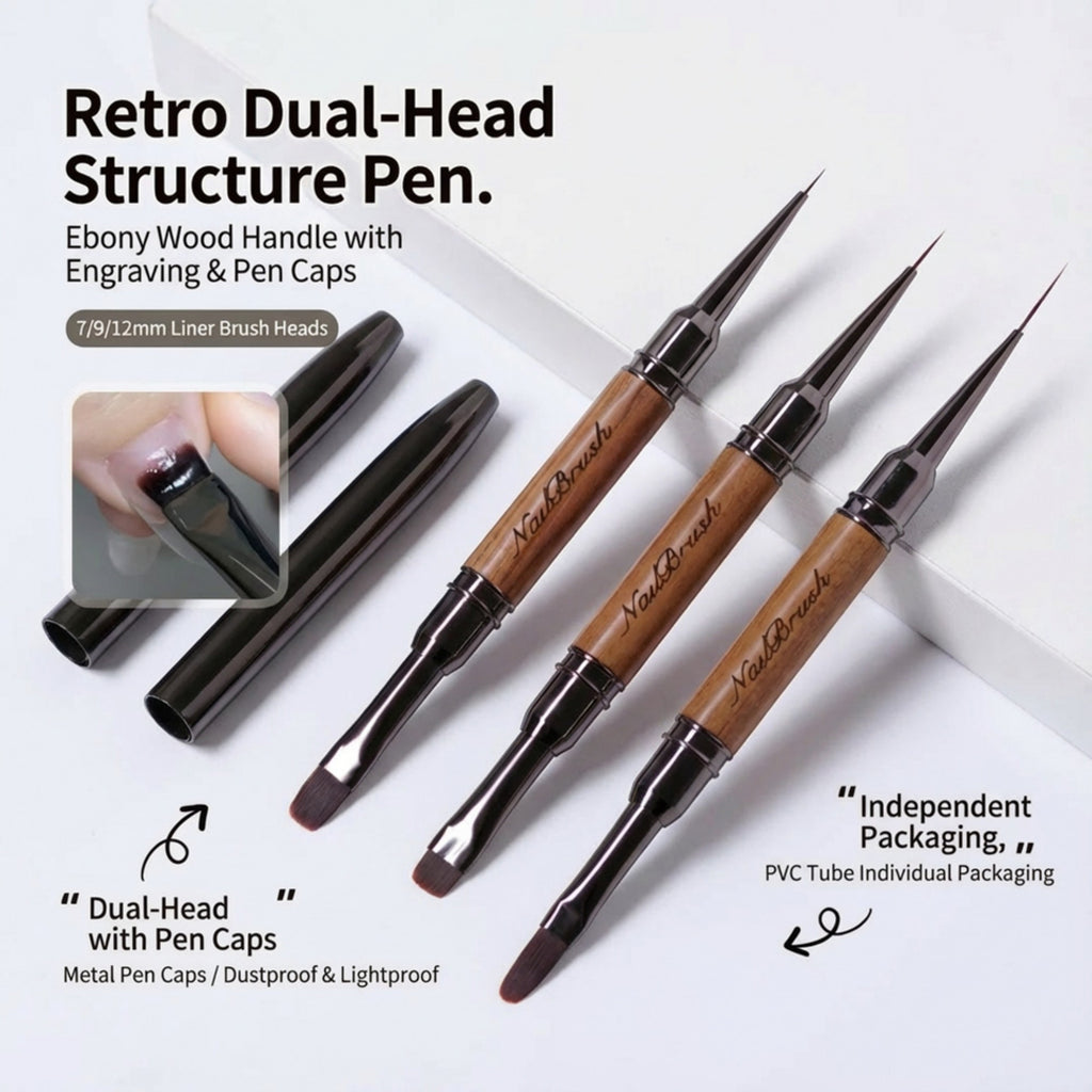 Anna-Kaci 3-Piece Double-Ended Nail Art Brush Set with Wood Handles and Fine Detail Tips for Gel Acrylic and Nail Design