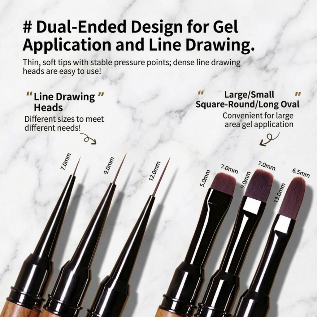 Anna-Kaci 3-Piece Double-Ended Nail Art Brush Set with Wood Handles and Fine Detail Tips for Gel Acrylic and Nail Design