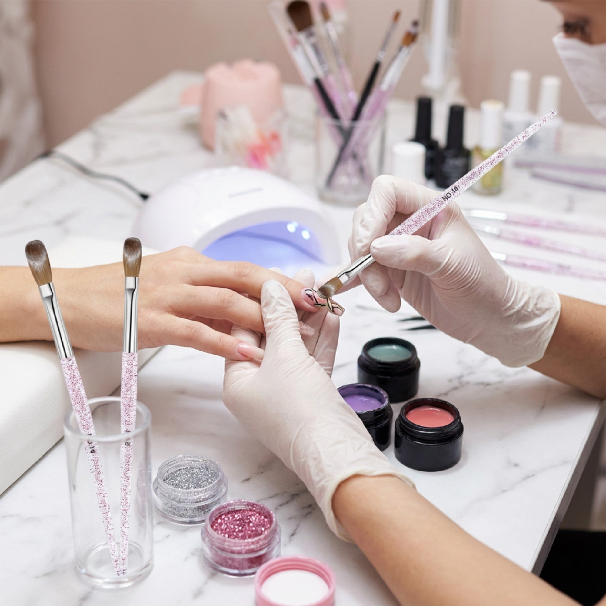 Anna-Kaci 3-Piece Nail Art Brush Set with Glitter Acrylic Handles and Precision Tips for Gel Acrylic and Nail Design