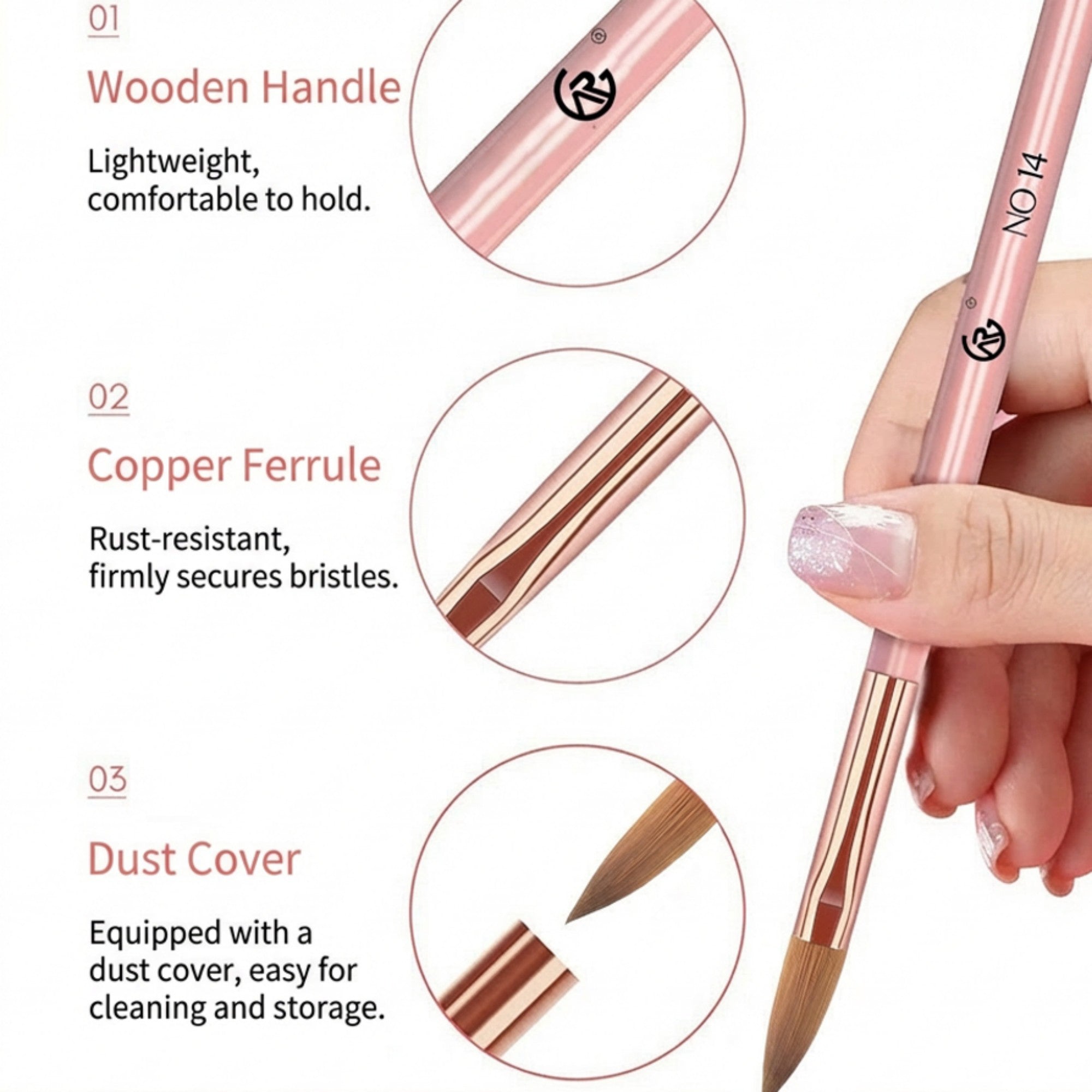 Anna-Kaci 3-Piece Nail Art Brush Set with Acrylic Handles and Precision Tips for Gel and Acrylic Application