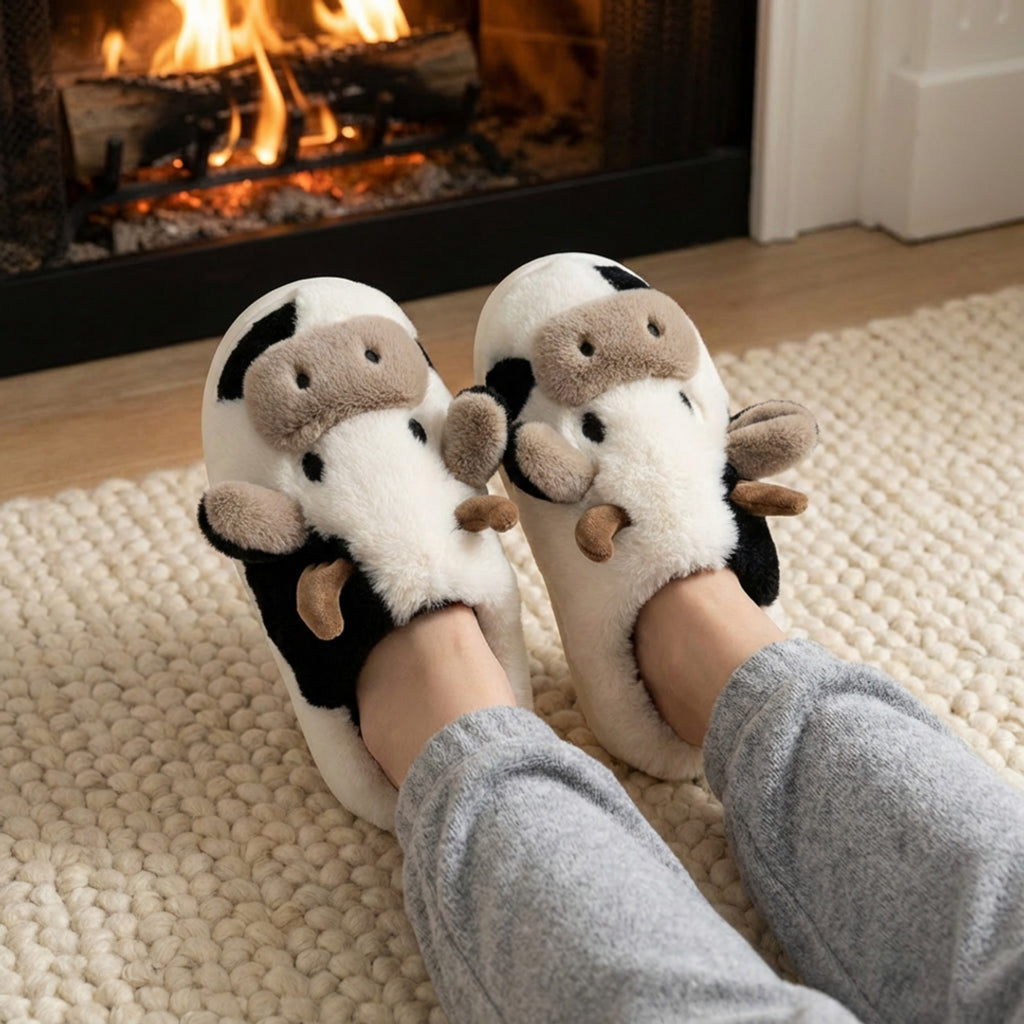 Anna-Kaci Lounge Women¡¯s Plush Cow Character Slide Slippers with Soft Faux Fur Texture and Cushioned Footbed