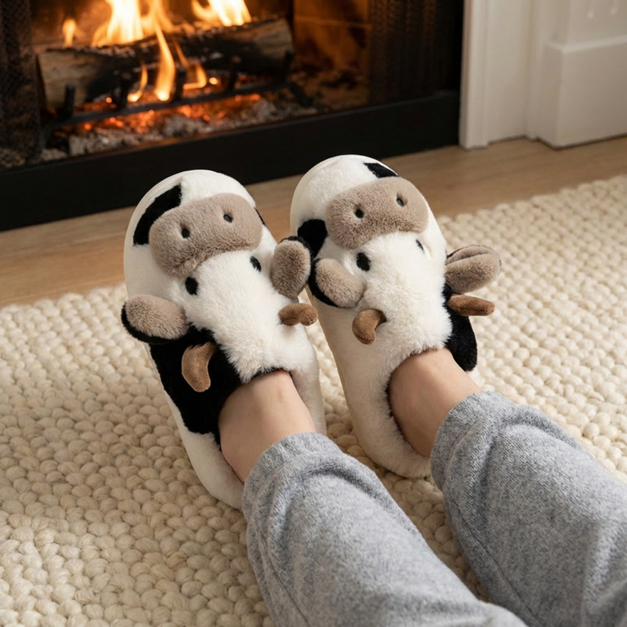 Anna-Kaci Lounge Women¡¯s Plush Cow Character Slide Slippers with Soft Faux Fur Texture and Cushioned Footbed