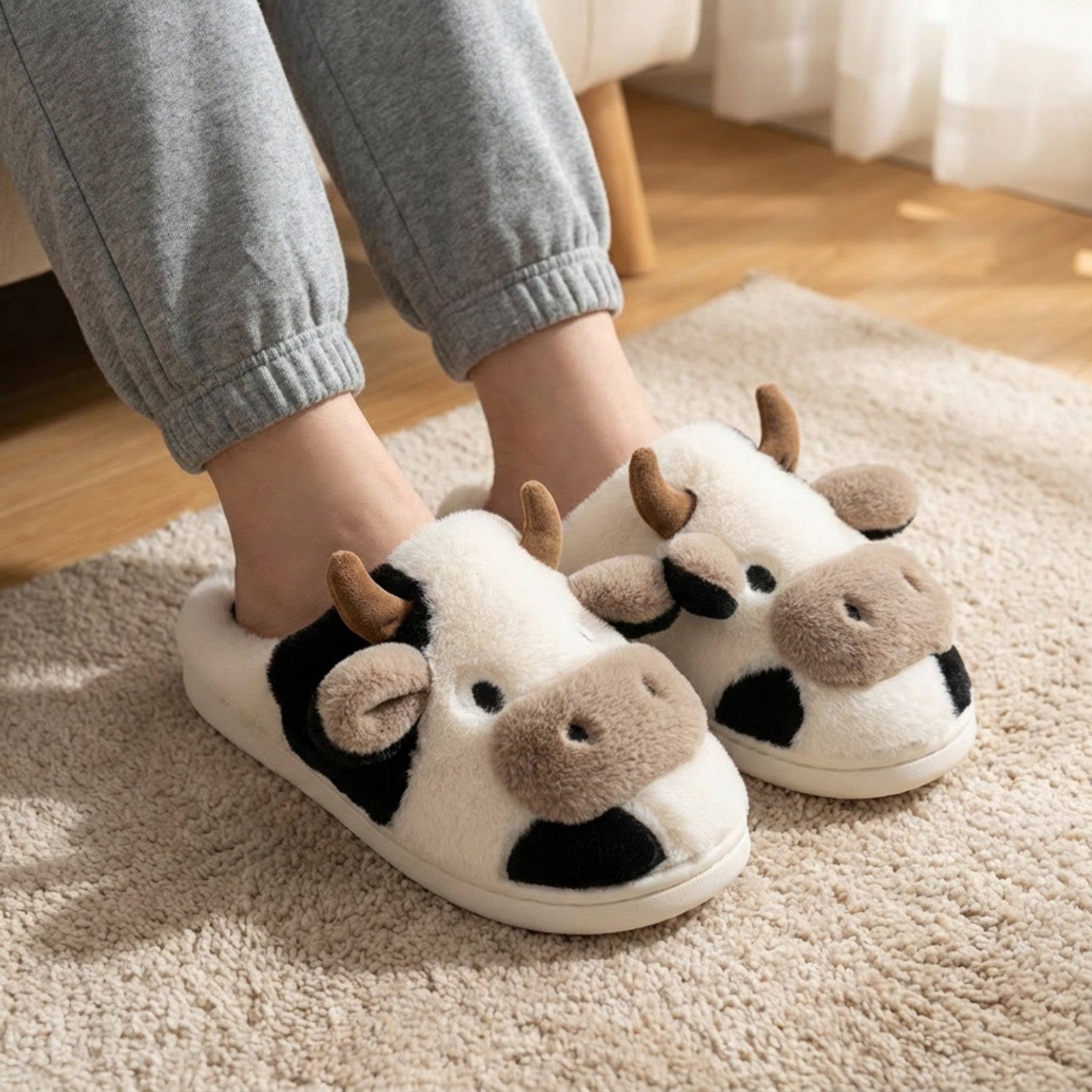 Anna-Kaci Lounge Women¡¯s Plush Cow Character Slide Slippers with Soft Faux Fur Texture and Cushioned Footbed