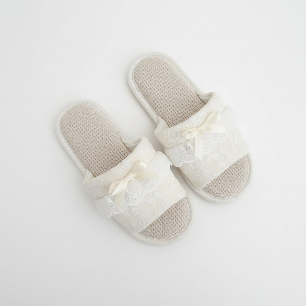 Anna-Kaci Lounge Women¡¯s Textured Slide Slippers with Valentine Lace Trim Bow Detail and Cushioned Footbed