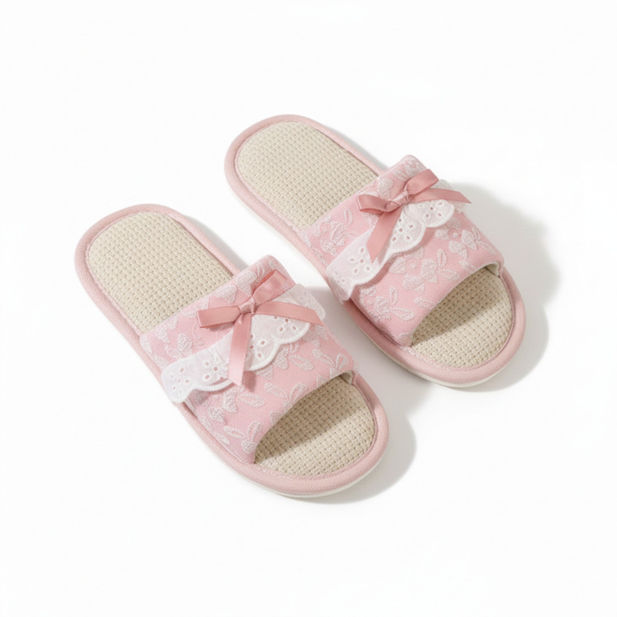 Anna-Kaci Lounge Women¡¯s Textured Slide Slippers with Valentine Lace Trim Bow Detail and Cushioned Footbed