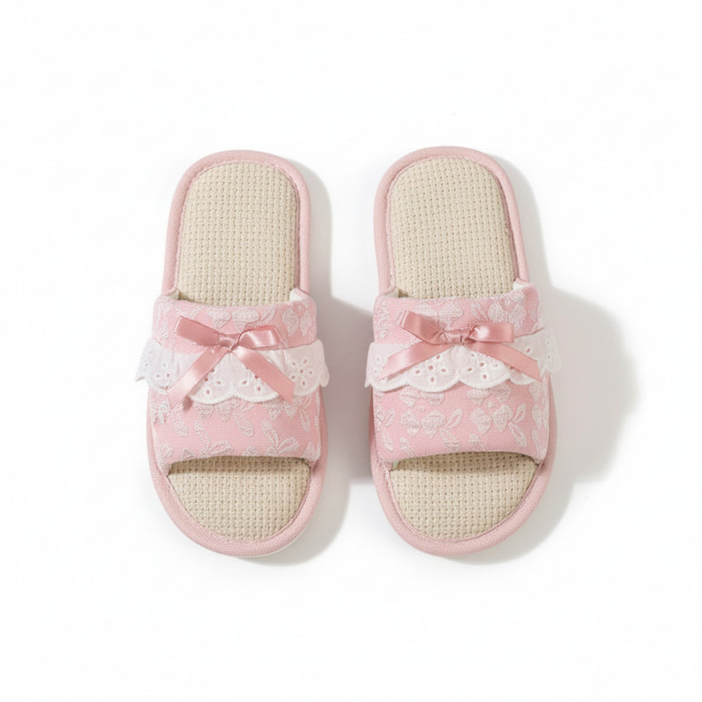 Anna-Kaci Lounge Women¡¯s Textured Slide Slippers with Valentine Lace Trim Bow Detail and Cushioned Footbed