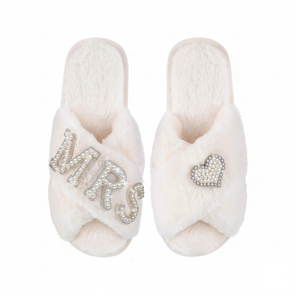 Anna-Kaci Lounge Women¡¯s Plush Crisscross Slide Slippers with Valentine Pearl Letter Embellishment and Cushioned Footbed