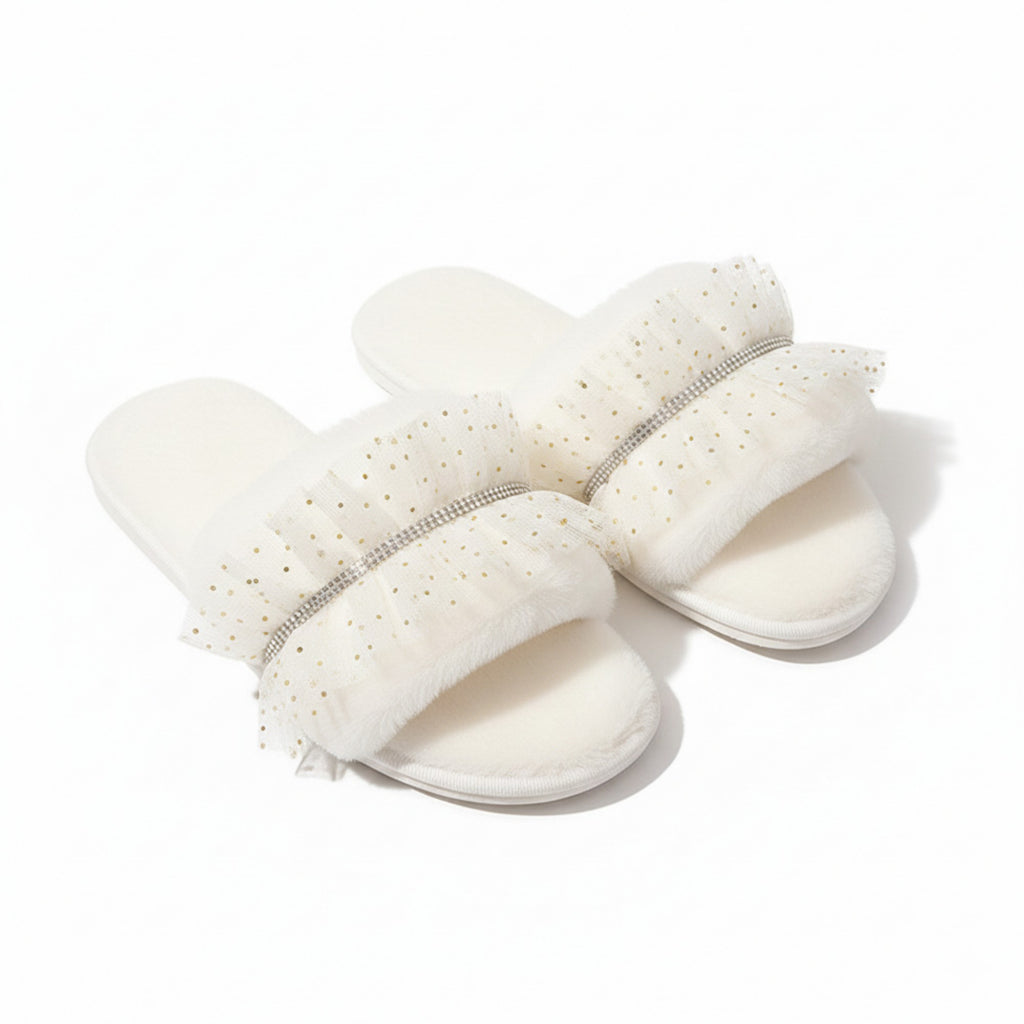 Anna-Kaci Lounge Women¡¯s Plush Slide Slippers with Sheer Polka Dot Ruffle Strap and Cushioned Footbed