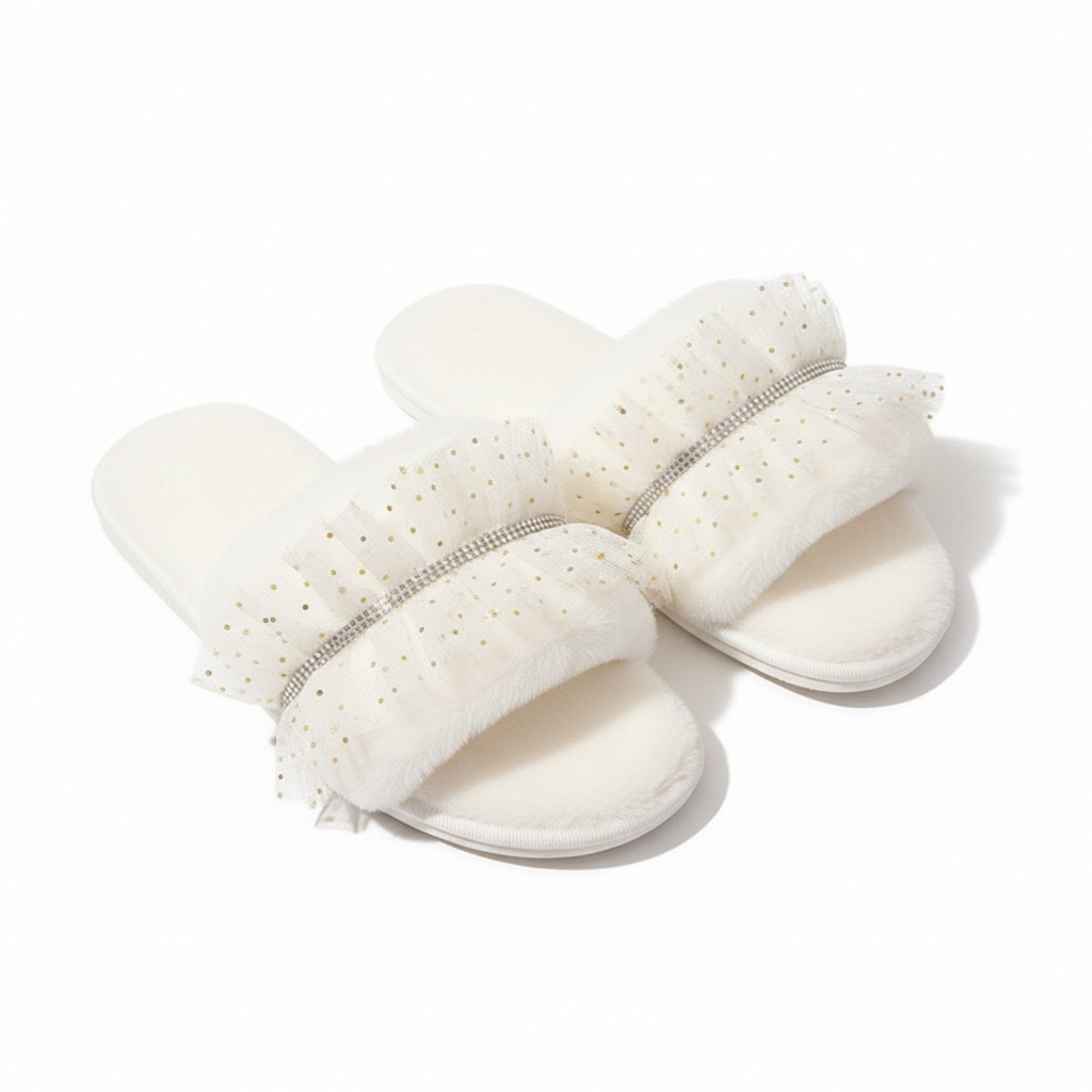Anna-Kaci Lounge Women¡¯s Plush Slide Slippers with Sheer Polka Dot Ruffle Strap and Cushioned Footbed