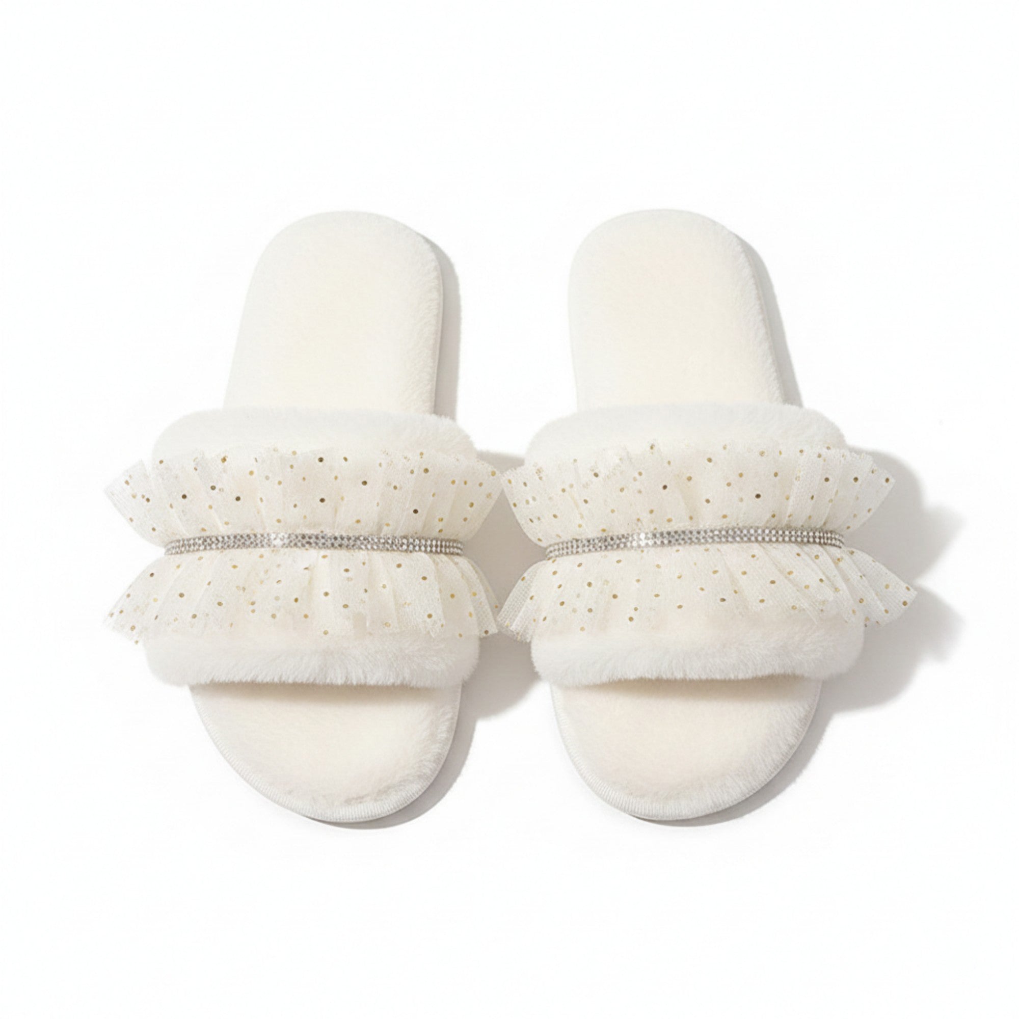 Anna-Kaci Lounge Women¡¯s Plush Slide Slippers with Sheer Polka Dot Ruffle Strap and Cushioned Footbed