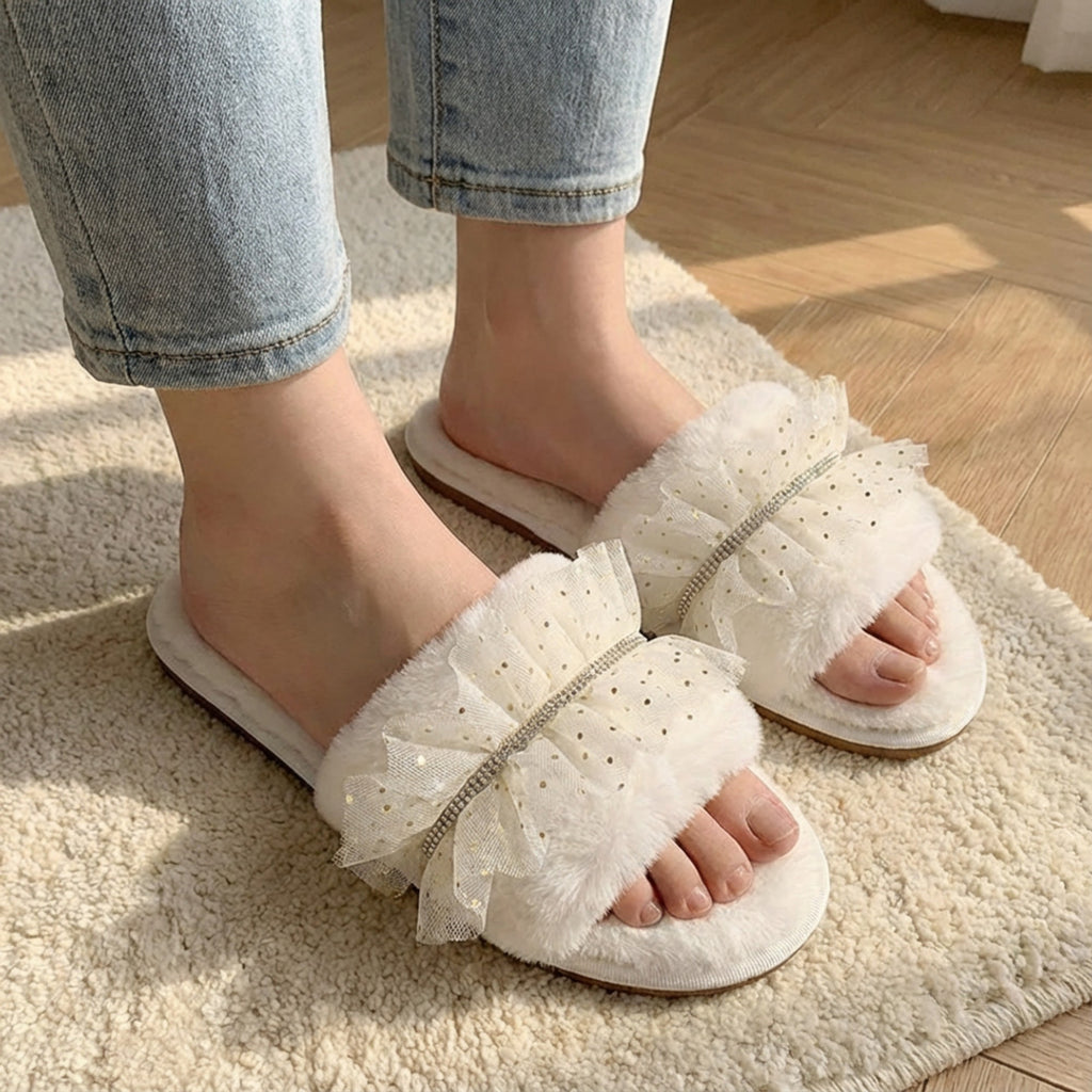 Anna-Kaci Lounge Women¡¯s Plush Slide Slippers with Sheer Polka Dot Ruffle Strap and Cushioned Footbed