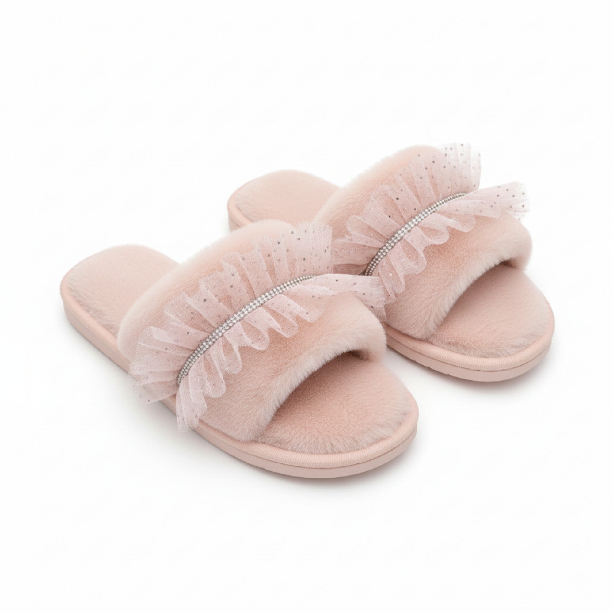 Anna-Kaci Lounge Women¡¯s Plush Slide Slippers with Sheer Polka Dot Ruffle Strap and Cushioned Footbed