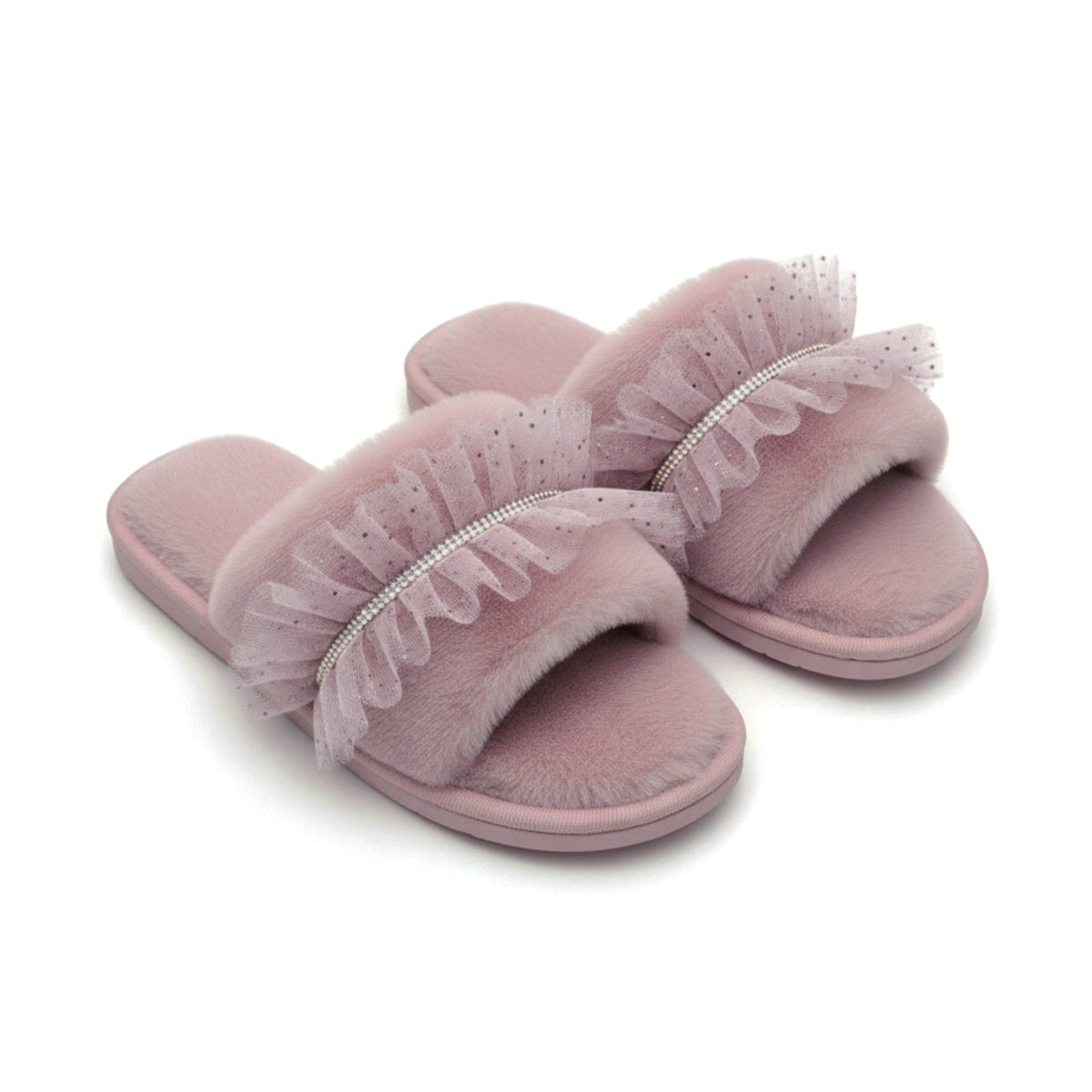 Women's Plush Slide Slippers with Sheer Polka Dot Ruffle Strap and Cushioned Footbed