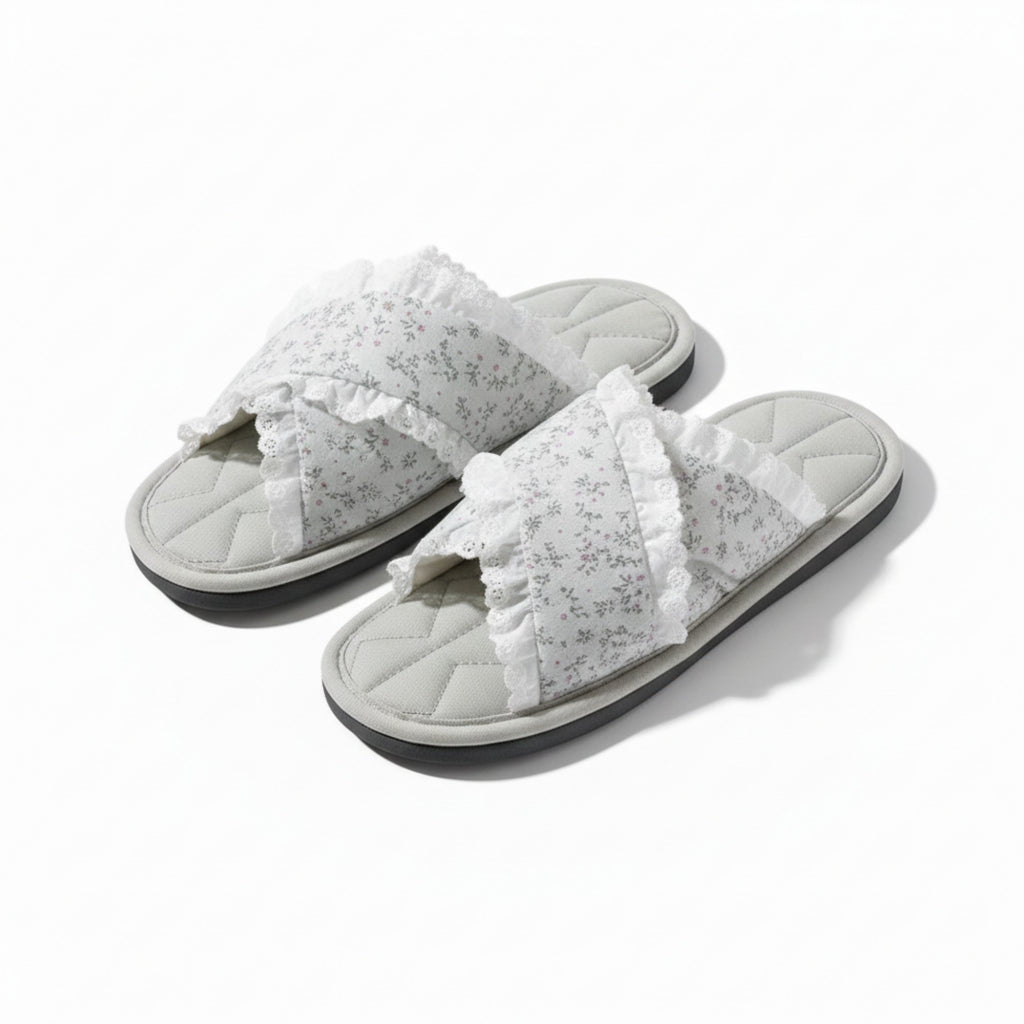 Anna-Kaci Lounge Women¡¯s Floral Print Slide Slippers with Valentine Ruffle Trim and Cushioned Quilted Footbed