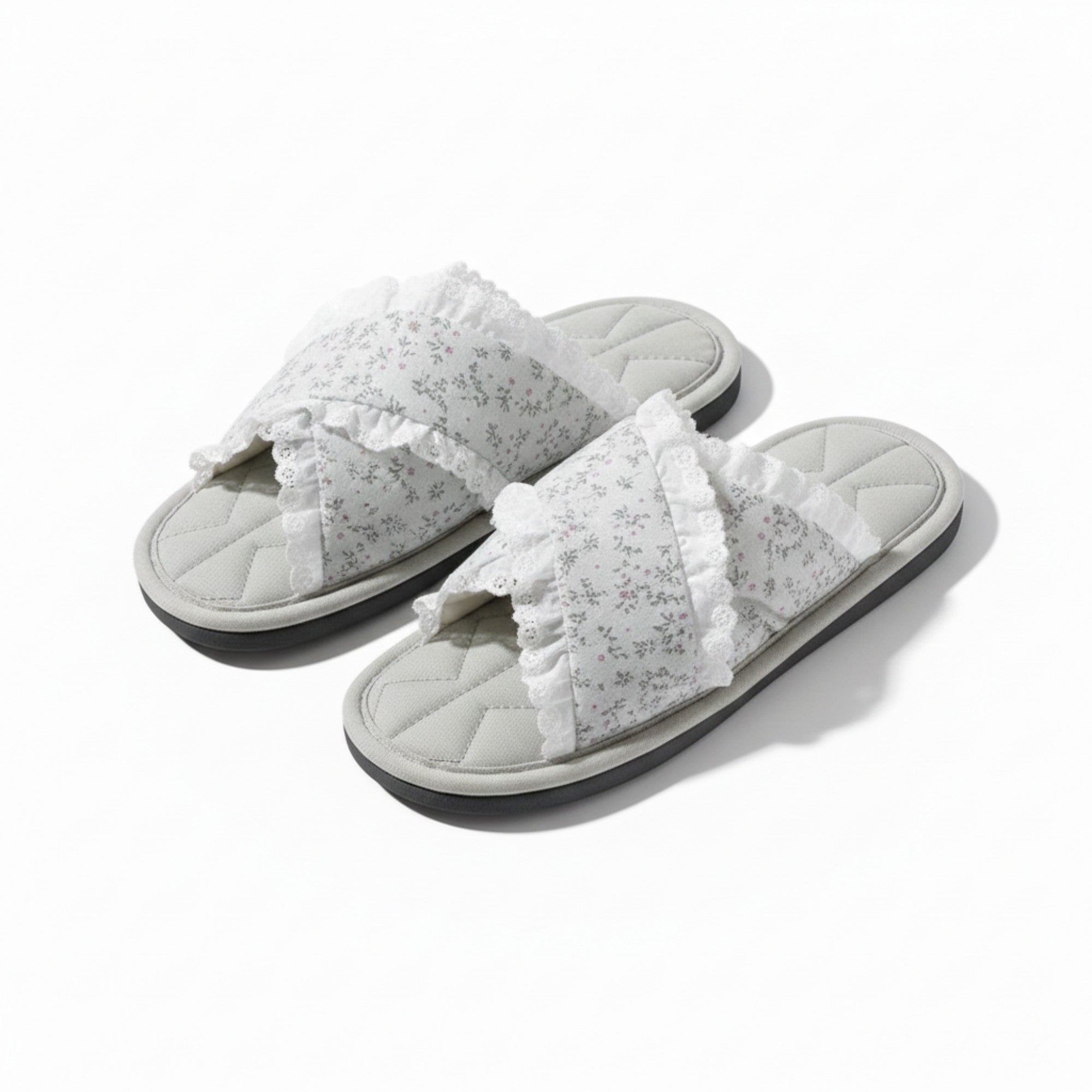 Anna-Kaci Lounge Women¡¯s Floral Print Slide Slippers with Valentine Ruffle Trim and Cushioned Quilted Footbed