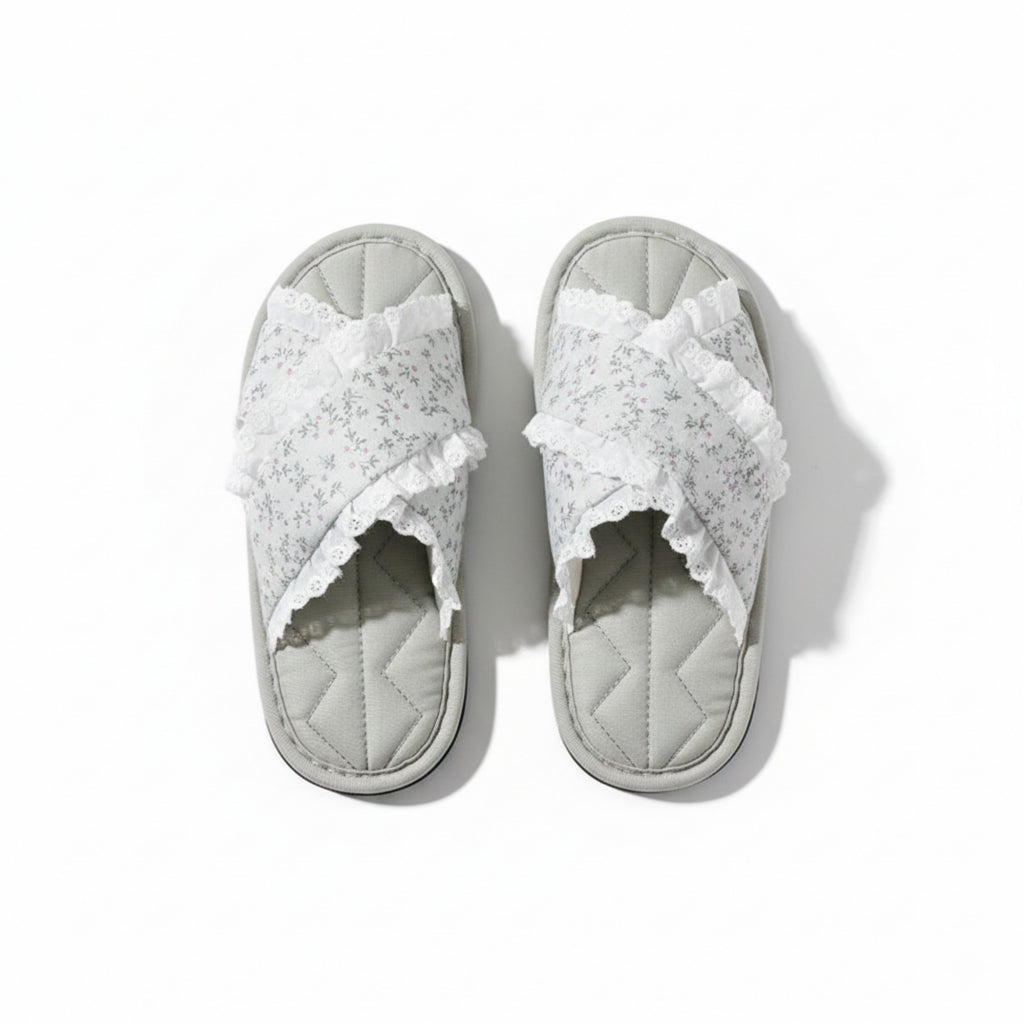 Anna-Kaci Lounge Women¡¯s Floral Print Slide Slippers with Valentine Ruffle Trim and Cushioned Quilted Footbed