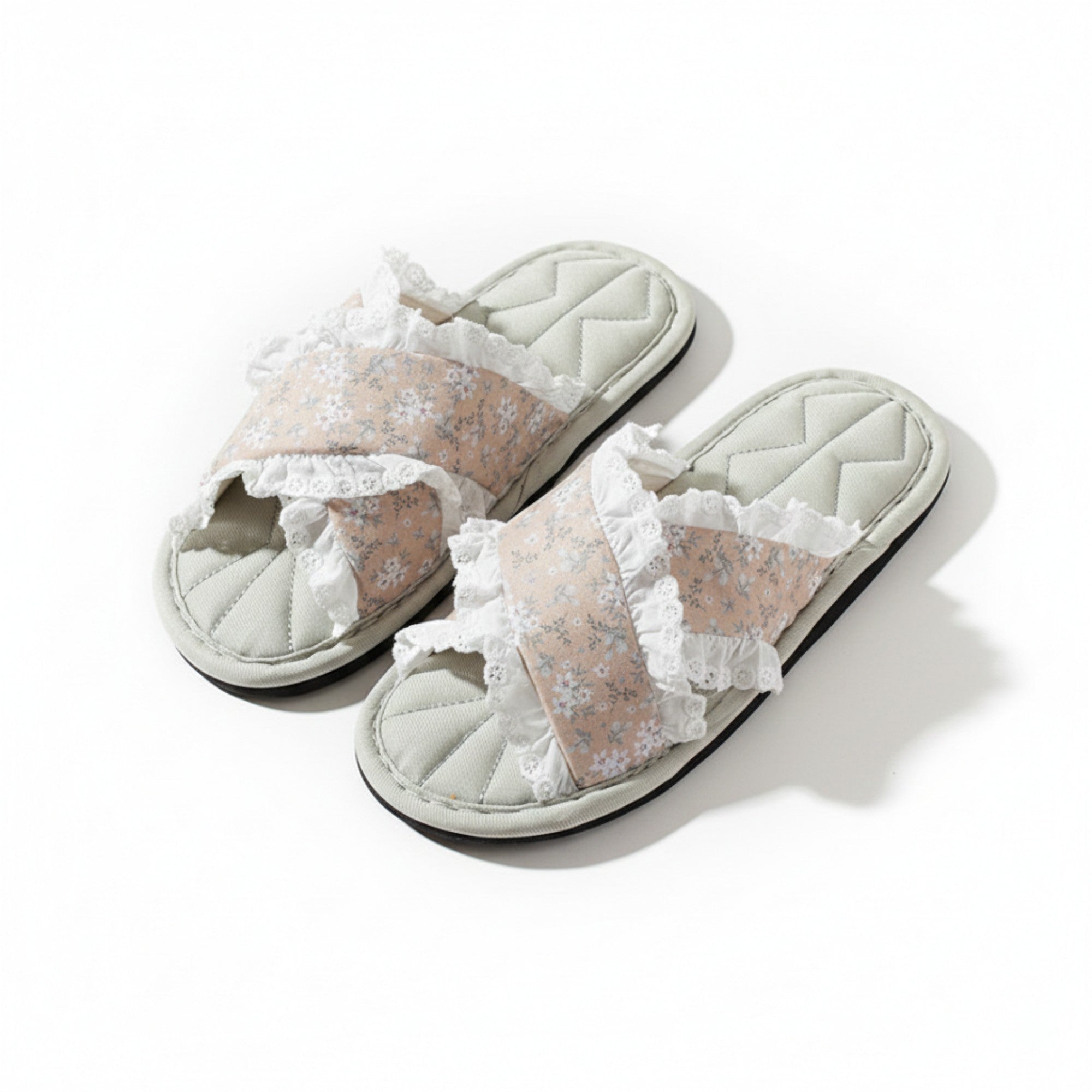 Anna-Kaci Lounge Women¡¯s Floral Print Slide Slippers with Valentine Ruffle Trim and Cushioned Quilted Footbed