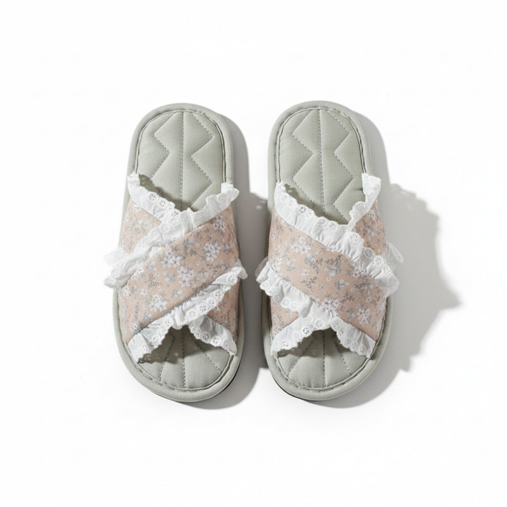 Anna-Kaci Lounge Women¡¯s Floral Print Slide Slippers with Valentine Ruffle Trim and Cushioned Quilted Footbed