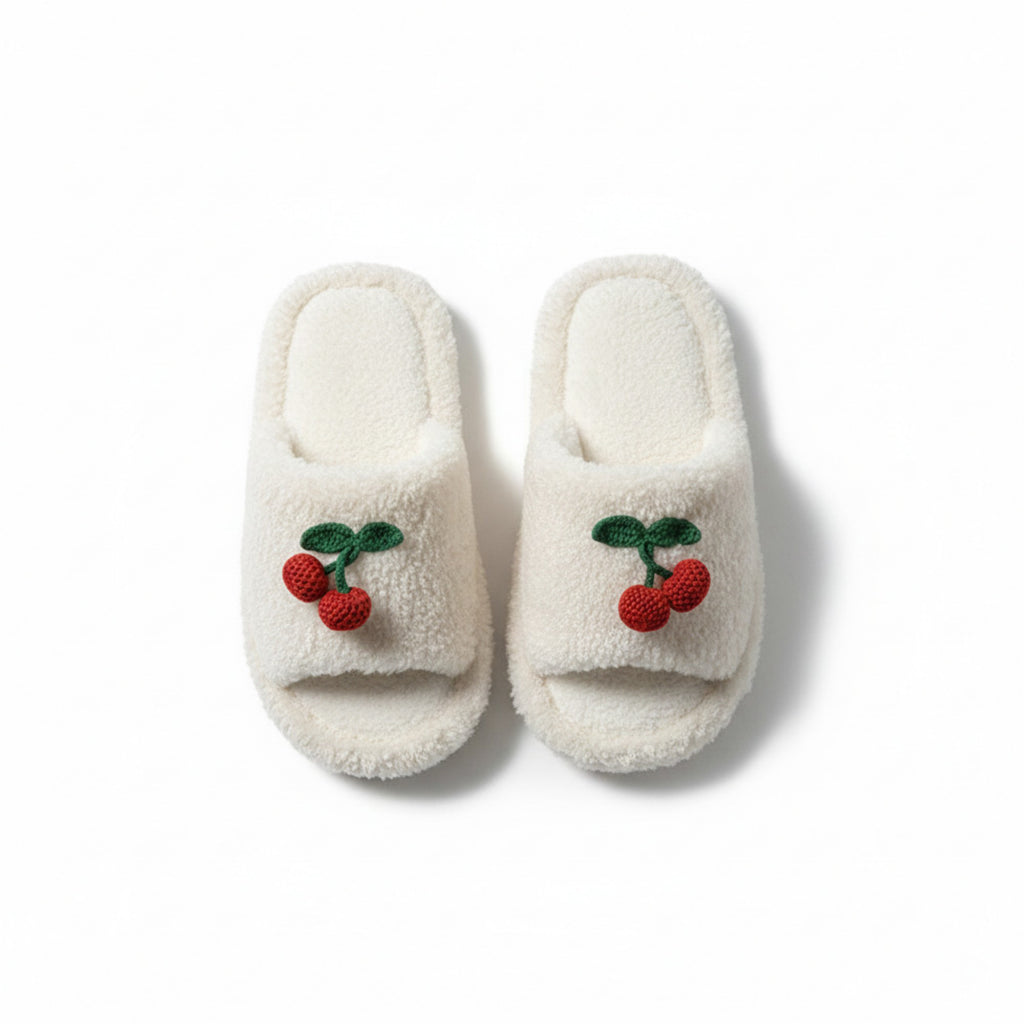 Anna-Kaci Lounge Women¡¯s Plush Open-Toe Slide Slippers with Valentine Soft Fleece Texture and Cherry Applique Detail