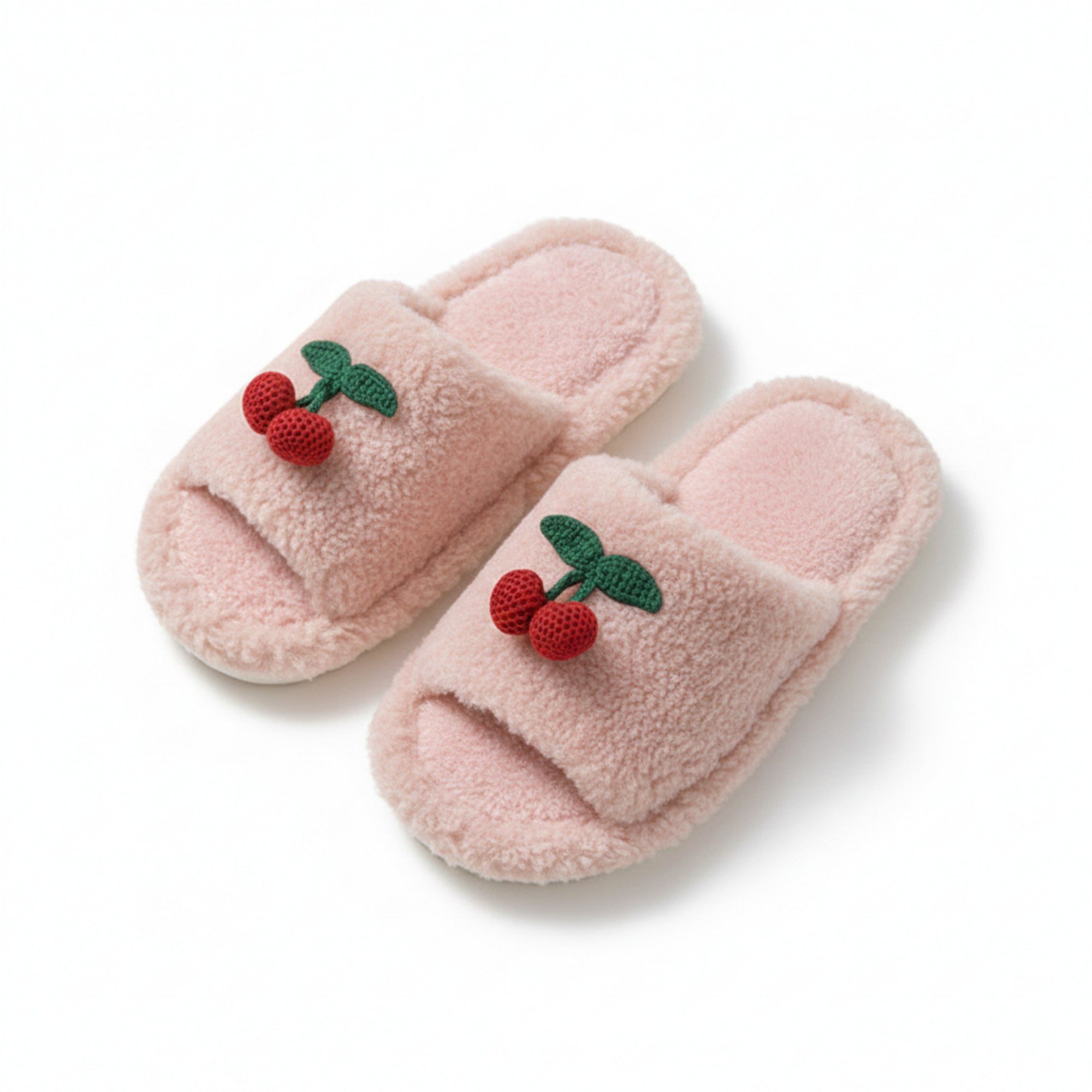 Anna-Kaci Lounge Women¡¯s Plush Open-Toe Slide Slippers with Valentine Soft Fleece Texture and Cherry Applique Detail