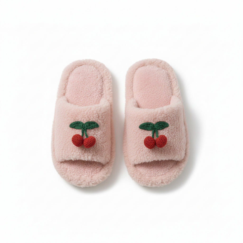Anna-Kaci Lounge Women¡¯s Plush Open-Toe Slide Slippers with Valentine Soft Fleece Texture and Cherry Applique Detail