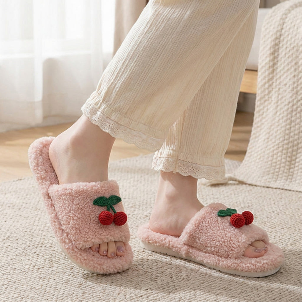 Anna-Kaci Lounge Women¡¯s Plush Open-Toe Slide Slippers with Valentine Soft Fleece Texture and Cherry Applique Detail