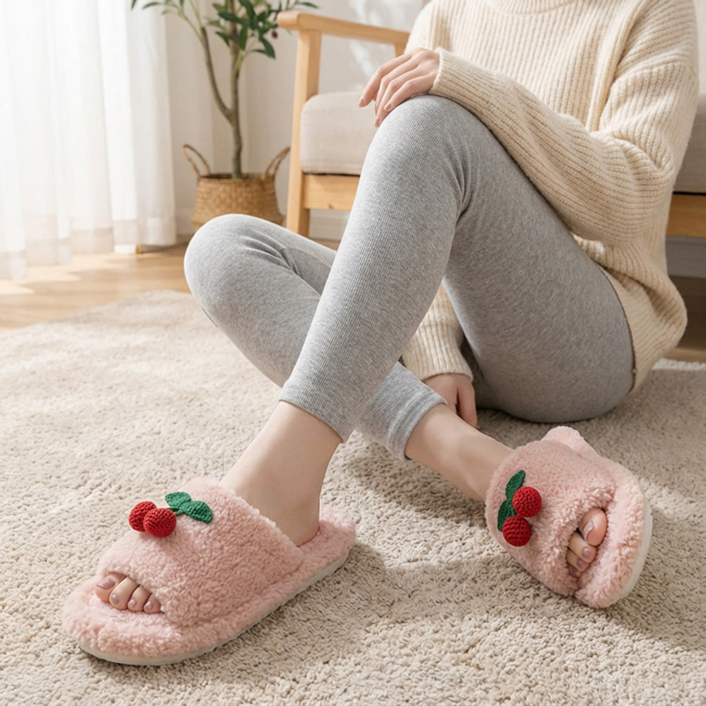 Anna-Kaci Lounge Women¡¯s Plush Open-Toe Slide Slippers with Valentine Soft Fleece Texture and Cherry Applique Detail