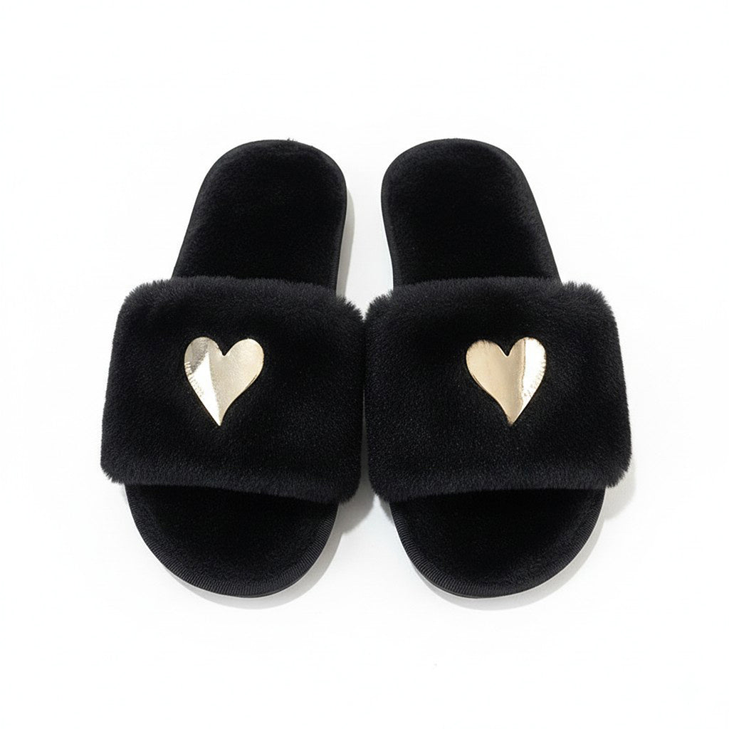 Anna-Kaci Lounge Women's Plush Slide House Slippers with Valentine Metallic Heart Accent and Cushioned Footbed
