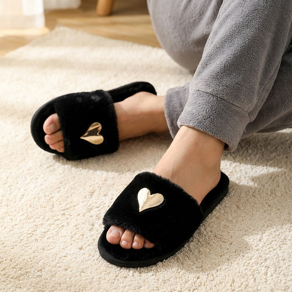 Anna-Kaci Lounge Women's Plush Slide House Slippers with Valentine Metallic Heart Accent and Cushioned Footbed