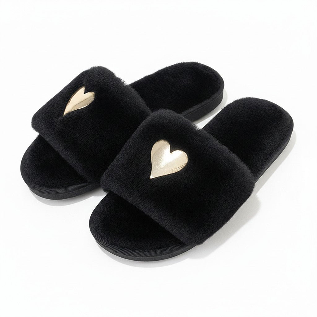 Anna-Kaci Lounge Women's Plush Slide House Slippers with Valentine Metallic Heart Accent and Cushioned Footbed