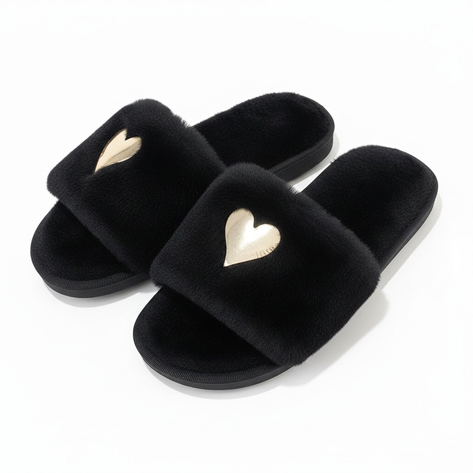 Anna-Kaci Lounge Women's Plush Slide House Slippers with Valentine Metallic Heart Accent and Cushioned Footbed