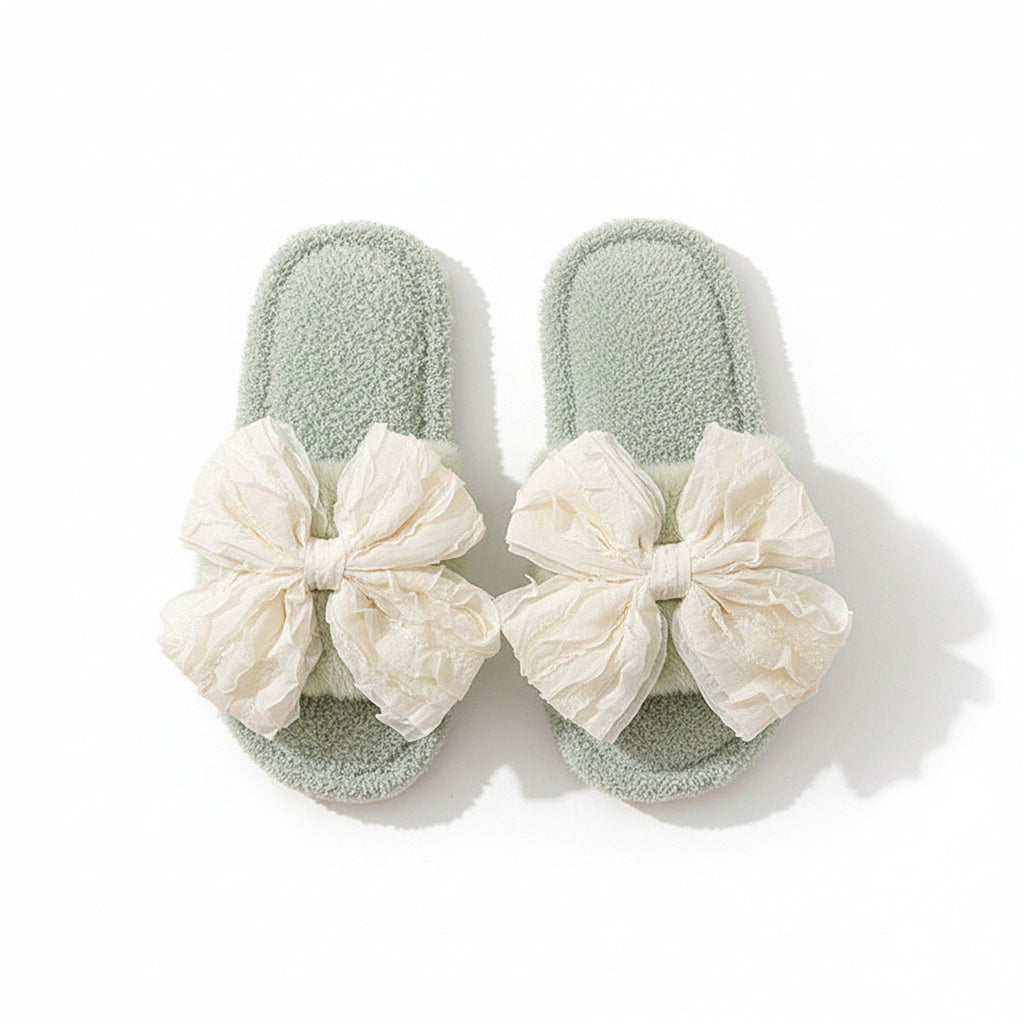 Anna-Kaci Lounge Women's Plush Slide House Slippers with Valentine Ruffled Bow Detail and Cushioned Footbed