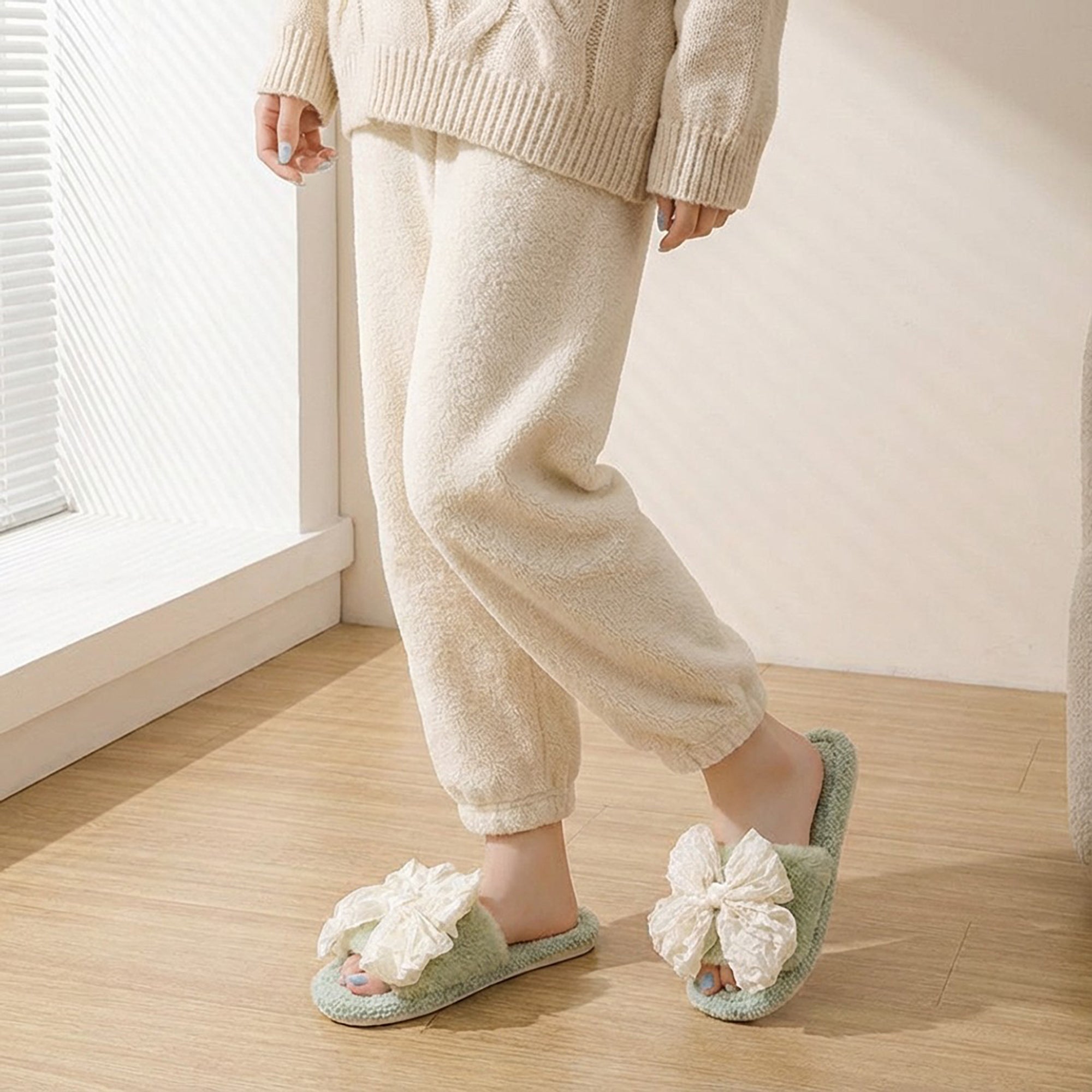 Anna-Kaci Lounge Women's Plush Slide House Slippers with Valentine Ruffled Bow Detail and Cushioned Footbed