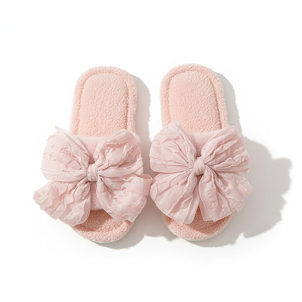 Anna-Kaci Lounge Women's Plush Slide House Slippers with Valentine Ruffled Bow Detail and Cushioned Footbed